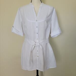 Linea Size 12 Linen Blouse Pintuck Button Front V-Neck Short Tab Sleeve Tie Belt